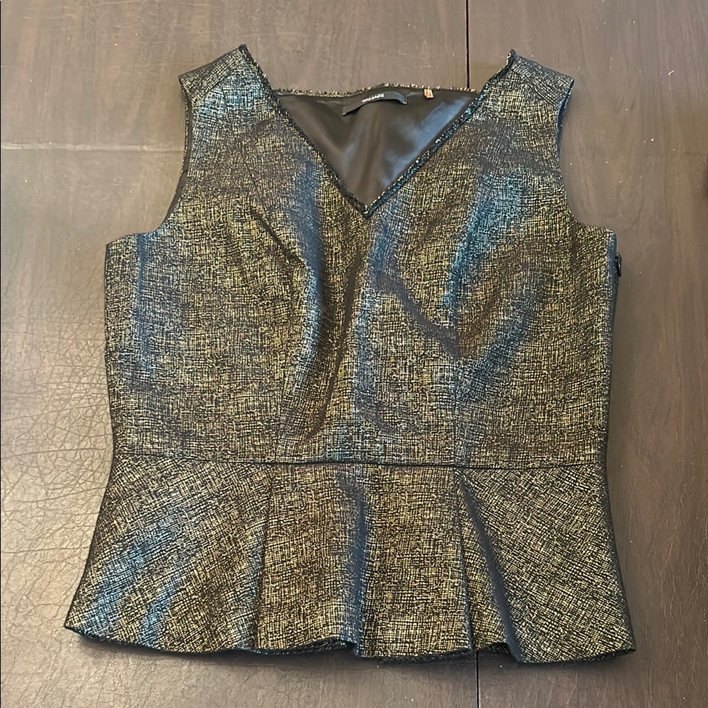 Tahari Blue and Tan Peplum Fitted Blouse